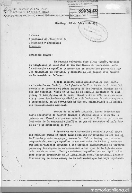 Señores Agrupación de Familiares de Condenados y Procesados [carta]