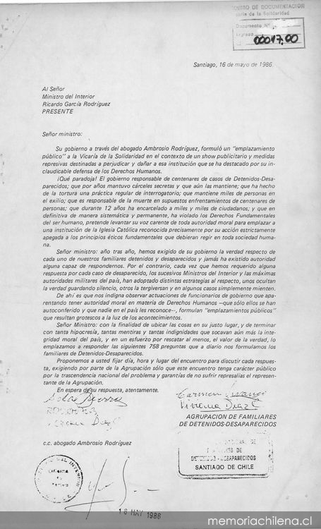 Al señor Ministro del Interior Ricardo García Rodriguez [carta]