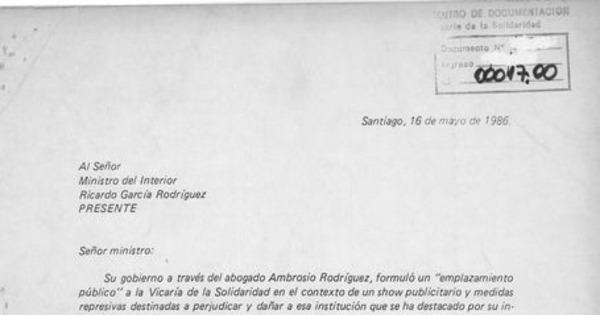 Al señor Ministro del Interior Ricardo García Rodriguez [carta]