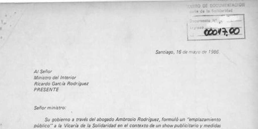 Al señor Ministro del Interior Ricardo García Rodriguez [carta]