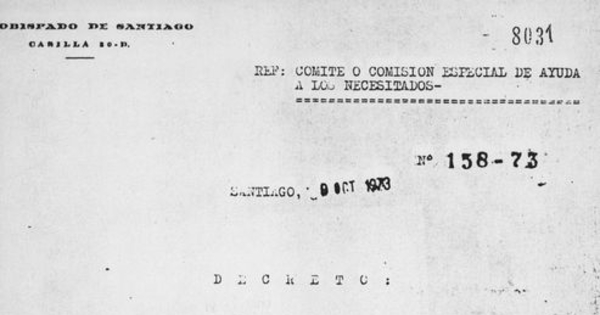 Decreto N° 158-73: Comité o Comisión Especial de Ayuda a los Necesitados, Santiago, 9 de octubre de 1973