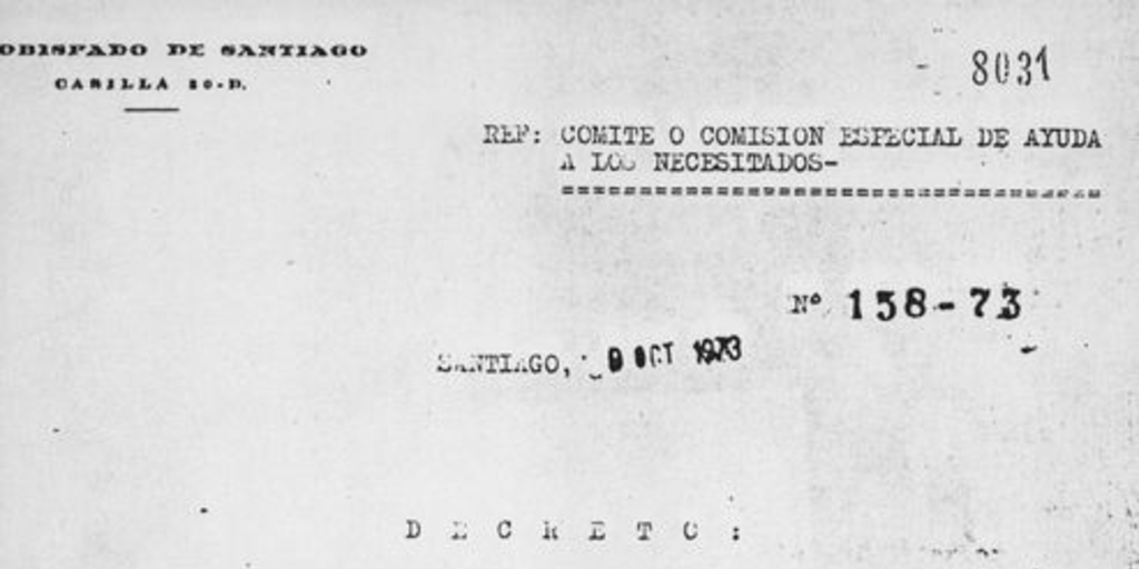 Decreto N° 158-73: Comité o Comisión Especial de Ayuda a los Necesitados, Santiago, 9 de octubre de 1973