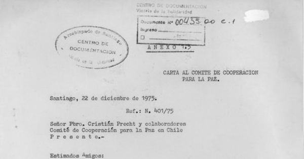 Carta al Comité de Cooperación para la Paz, Santiago, 22 de diciembre de 1975