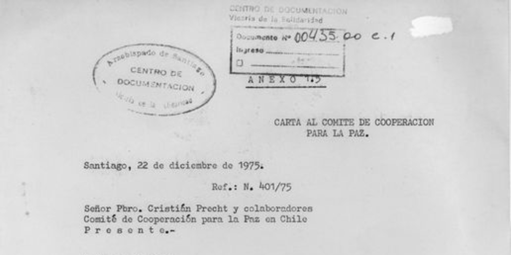 Carta al Comité de Cooperación para la Paz, Santiago, 22 de diciembre de 1975