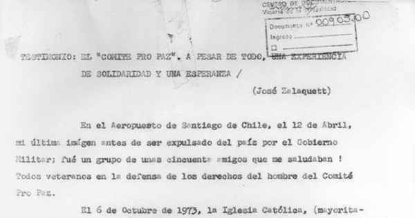 Testimonio: el "Comité Pro Paz": a pesar de todo, una experiencia de solidaridad y una esperanza, 21 de abril de 1976