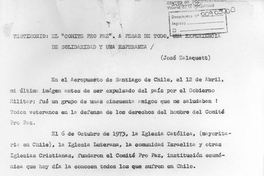 Testimonio: el "Comité Pro Paz": a pesar de todo, una experiencia de solidaridad y una esperanza, 21 de abril de 1976