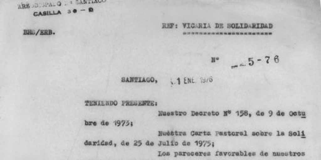 Decreto N° 158: Vicaría Episcopal de Solidaridad, Santiago, 1 de enero de 1975