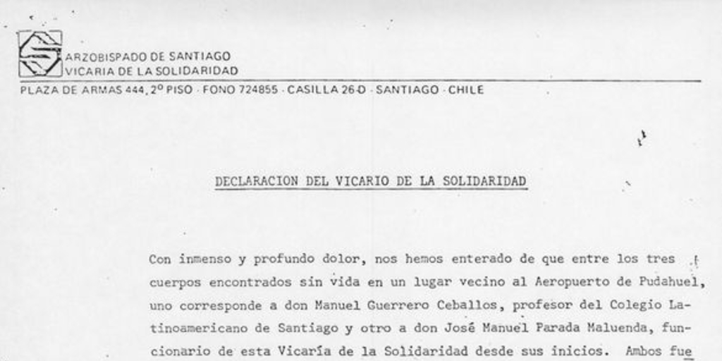 Declaración del Vicario de la Solidaridad, Santiago, 30 de marzo de 1985