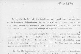 Reflexión sobre los gravísimos hechos de violencia que conmueven al país, 1 de abril de 1985