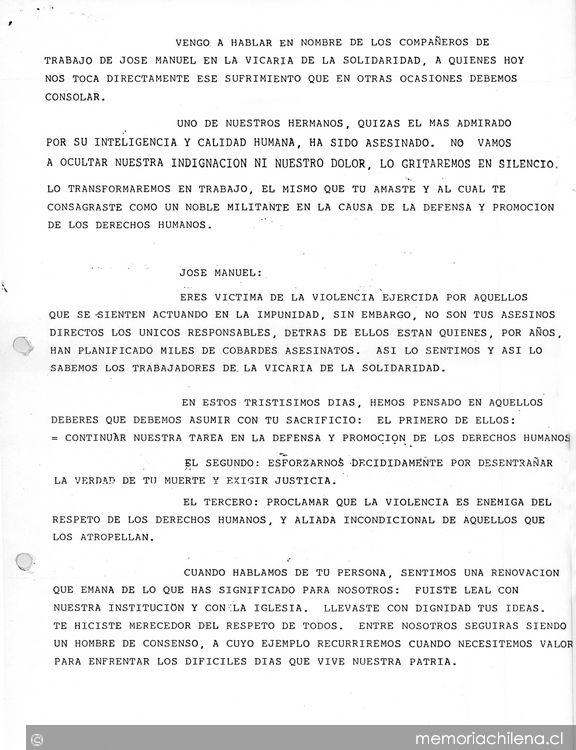 Trabajadores de la Vicaría de la Solidaridad; palabras en el funeral de José Manuel Parada, 1 de abril de 1985