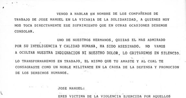 Trabajadores de la Vicaría de la Solidaridad; palabras en el funeral de José Manuel Parada, 1 de abril de 1985