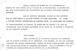 Trabajadores de la Vicaría de la Solidaridad; palabras en el funeral de José Manuel Parada, 1 de abril de 1985