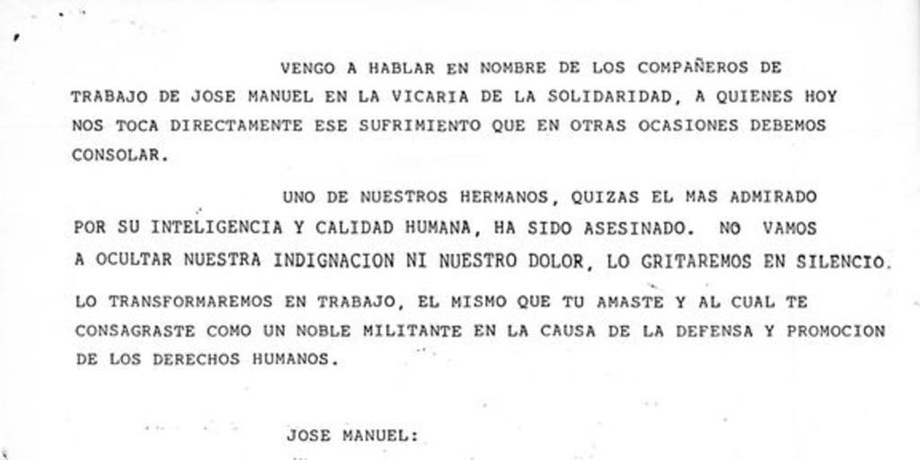 Trabajadores de la Vicaría de la Solidaridad; palabras en el funeral de José Manuel Parada, 1 de abril de 1985