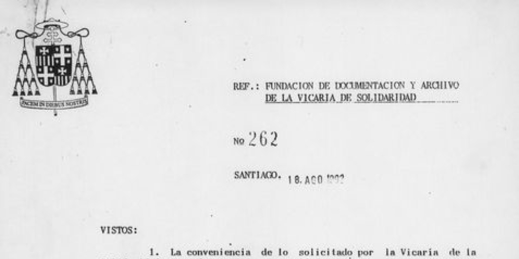 Decreto N° 262: Fundación de Documentación y Archivo de la Vicaría de la Solidaridad, Santiago, 18 de agosto de 1992