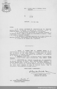 Decreto N° 270: Vicaría para la Pastoral Social, Santiago, 18 de agosto de 1992