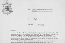 Decreto N° 270: Vicaría para la Pastoral Social, Santiago, 18 de agosto de 1992