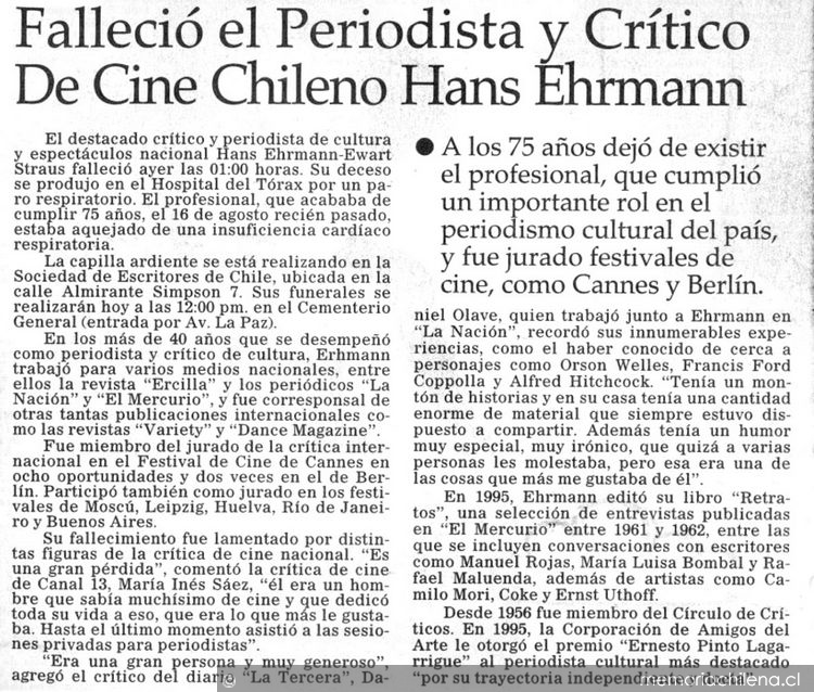 Falleció el periodista y crítico de cine chileno Hans Ehrmann