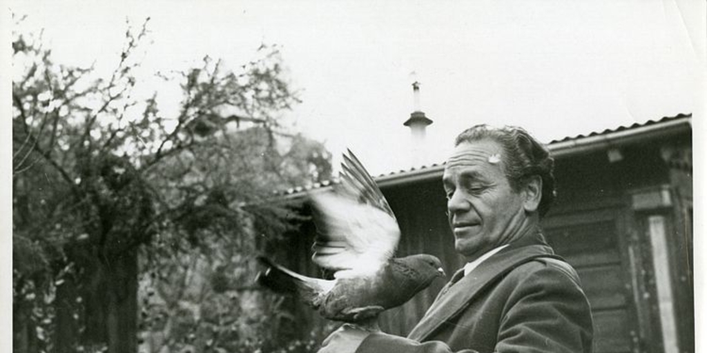Nicanor Parra sostiene una paloma en su brazo