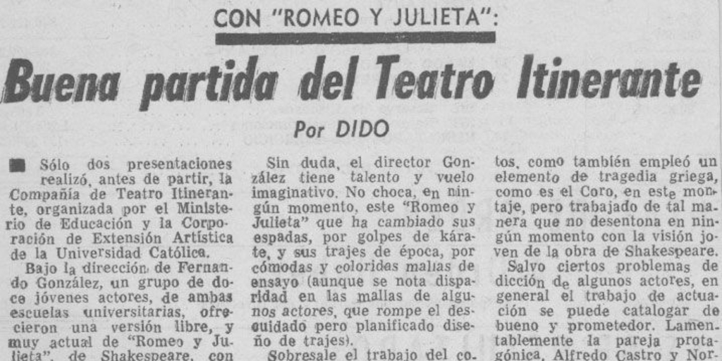 Buena partida del Teatro Itinerante : con "Romeo y Julieta"