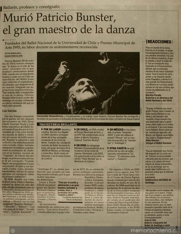 Murió Patricio Bunster, el gran maestro de la danza