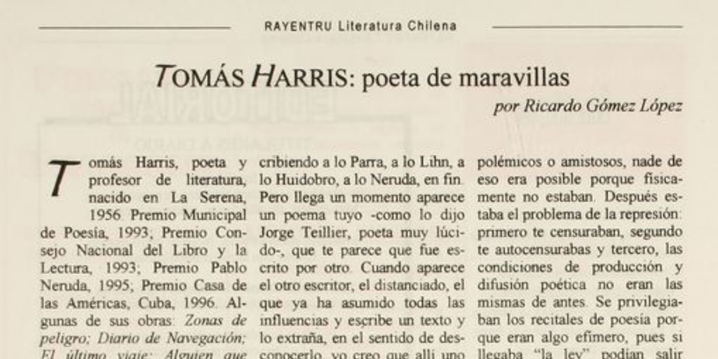 Tomás Harris : poeta de maravillas