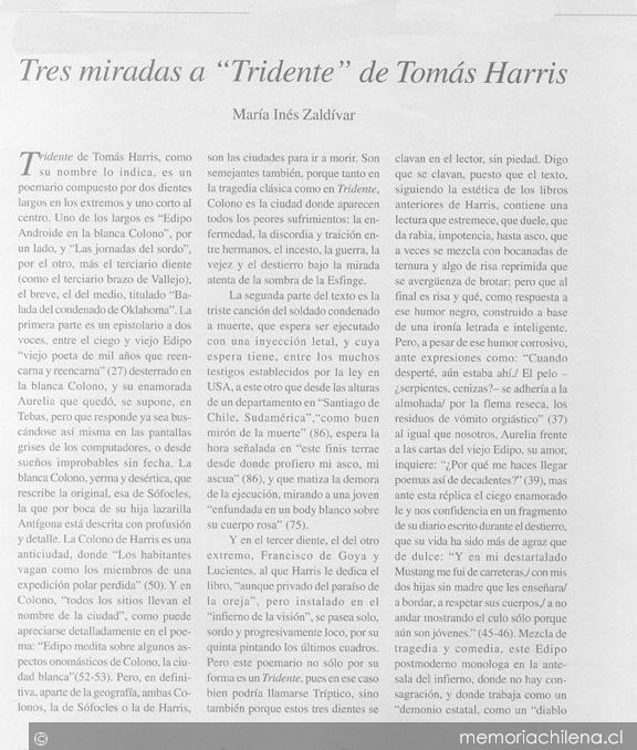 Tres miradas a "Tridente" de Tomás Harris