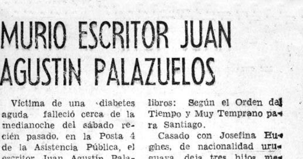 Murió escritor Juan Agustín Palazuelos