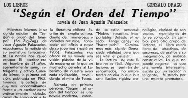 Según el orden del tiempo, novela de Juan Agustín Palazuelos