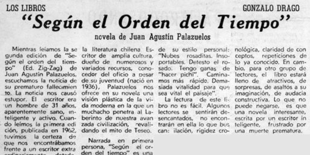 Según el orden del tiempo, novela de Juan Agustín Palazuelos