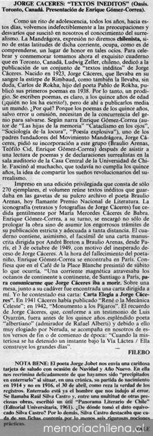 Jorge Cáceres, "Textos inéditos"