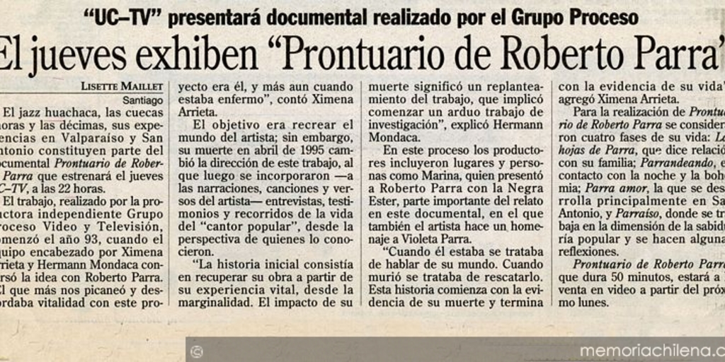 El jueves exhiben "Prontuario de Roberto Parra"