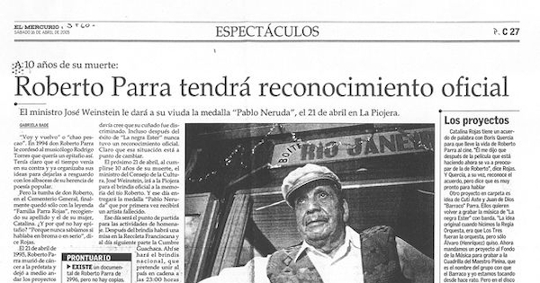 Roberto Parra tendrá reconocimiento oficial : a diez años de su muerte