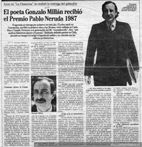 El poeta Gonzalo Millán recibió el premio Pablo Neruda 1987