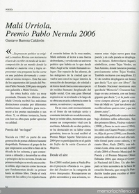 Malú Urriola, Premio Pablo Neruda 2006