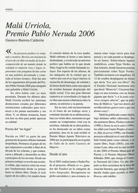 Malú Urriola, Premio Pablo Neruda 2006