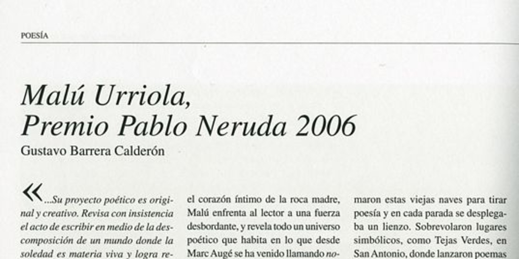 Malú Urriola, Premio Pablo Neruda 2006