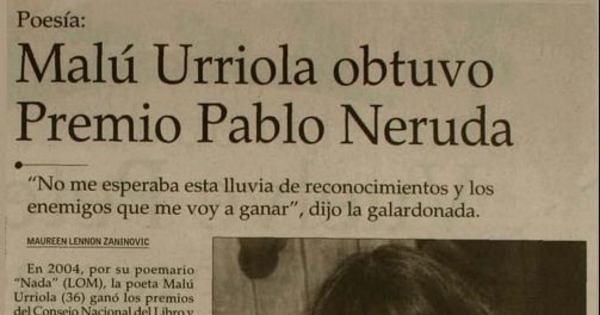 Malú Urriola obtuvo Premio Pablo Neruda