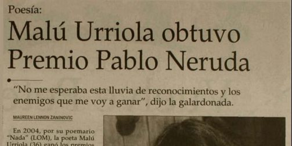 Malú Urriola obtuvo Premio Pablo Neruda