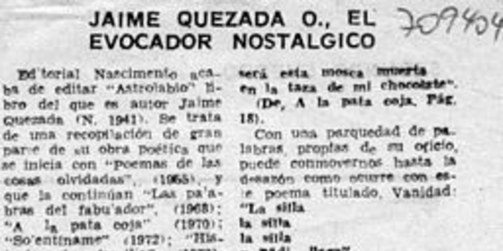 Jaime Quezada O., el evocador nostálgico