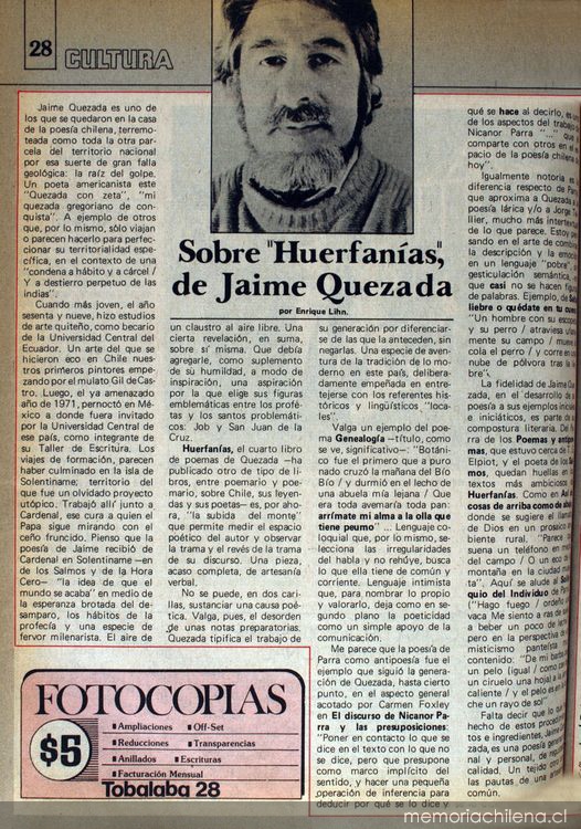 Sobre "Huerfanías", de Jaime Quezada