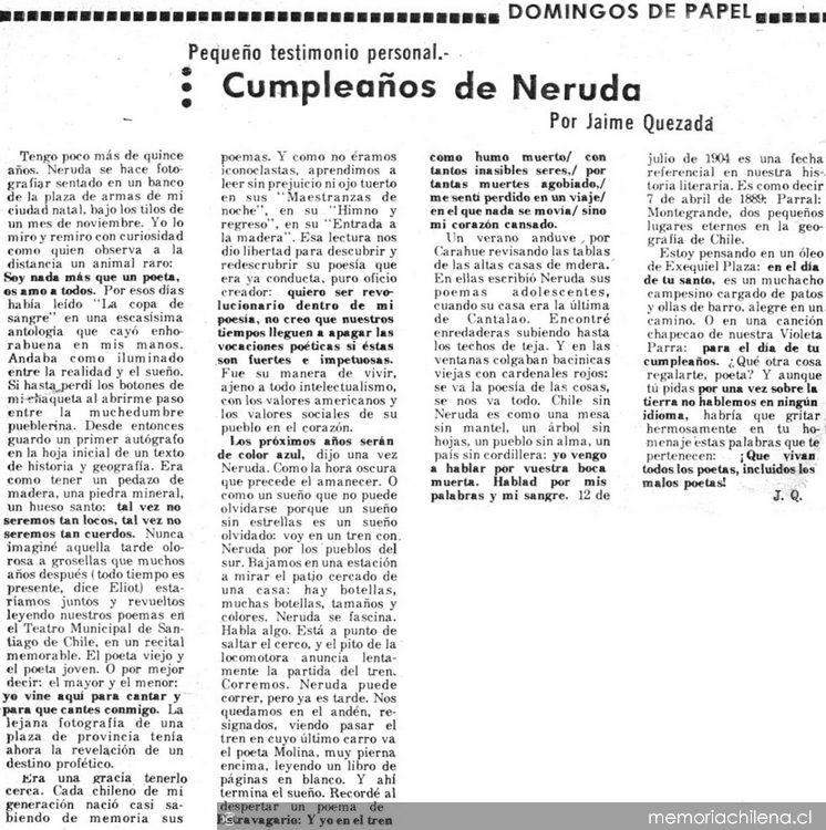 Cumpleaños de Neruda: pequeño testimonio personal