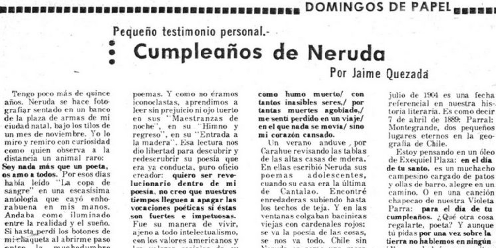 Cumpleaños de Neruda: pequeño testimonio personal