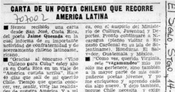 Carta de un poeta chileno que recorre América Latina