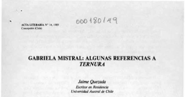 Gabriela Mistral: algunas referencias a Ternura