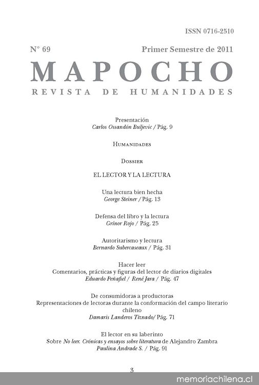 Mapocho: n° 69, primer semestre de 2011