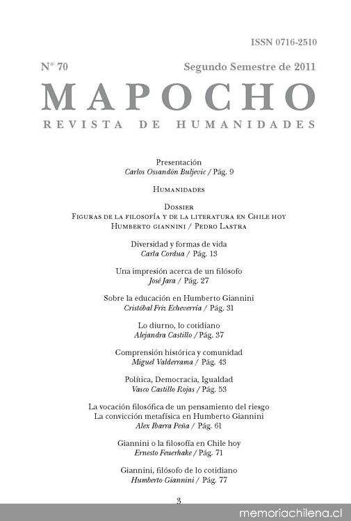 Mapocho: n° 70, segundo semestre de 2011