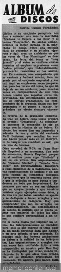 Álbum de discos. Giolito y su conjunto penquista nos da a conocer este mes la marchiña "Mañana te espero a las seis" y el bolero "Desgracia"