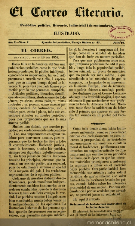 Portada de El Correo literario: año I, número 1, 18 de julio de 1858