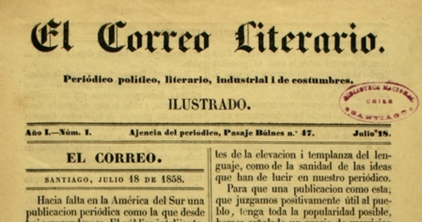 Portada de El Correo literario: año I, número 1, 18 de julio de 1858
