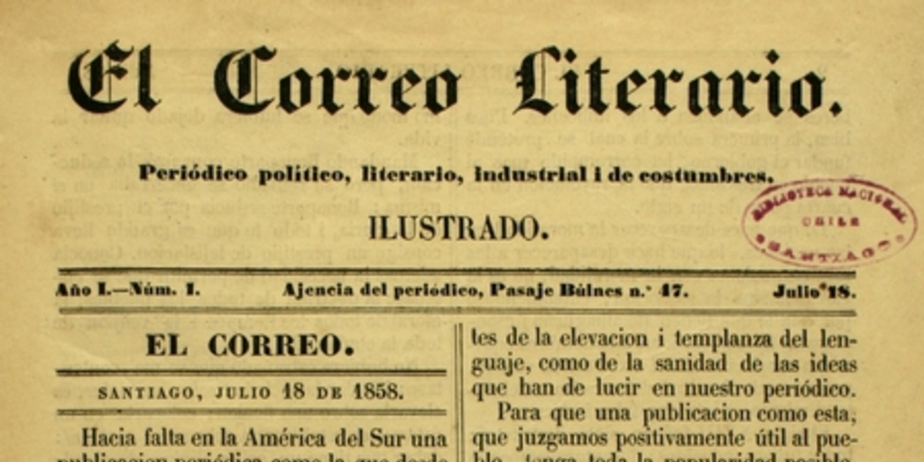 Portada de El Correo literario: año I, número 1, 18 de julio de 1858